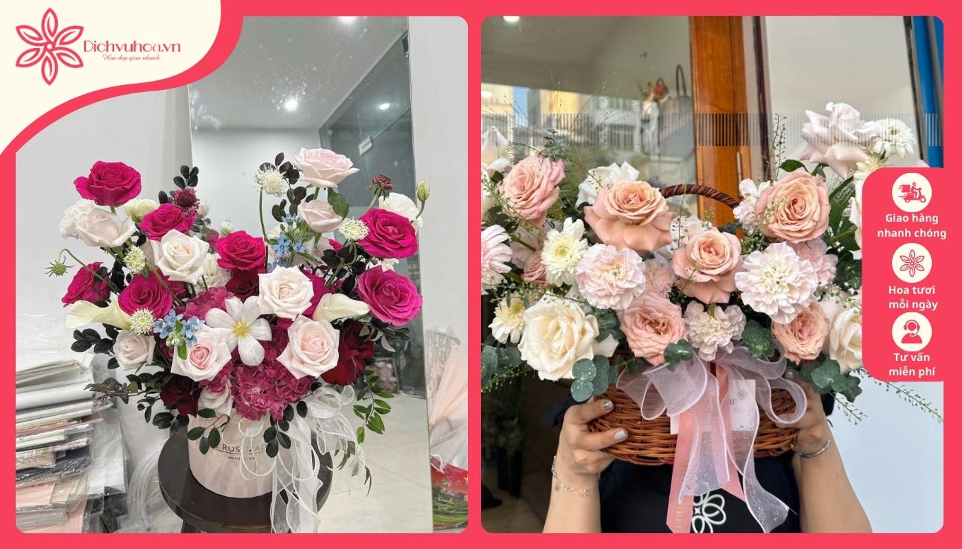 Các giỏ hoa tươi đẹp với hoa hồng Các giỏ hoa tươi đẹp với hoa hồng