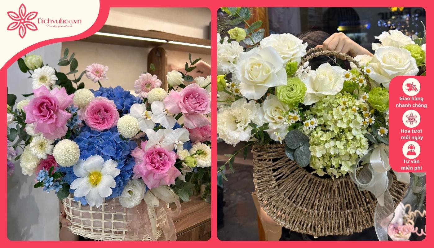 Giỏ hoa tươi với cẩm tú cầu đầy màu sắc Hoa tươi với cẩm tú cầu đầy màu sắc