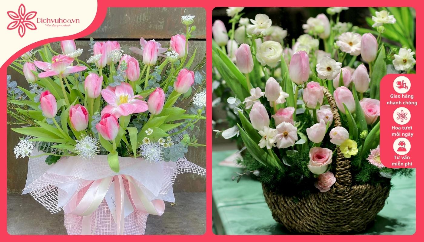 Giỏ hoa tulip đơn giản nhưng thanh lịch Hoa tulip đơn giản nhưng thanh lịch